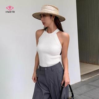 Áo Vest Nữ Slim Fit Co Giãn Dây Cổ Dệt Kim Màu Trơn