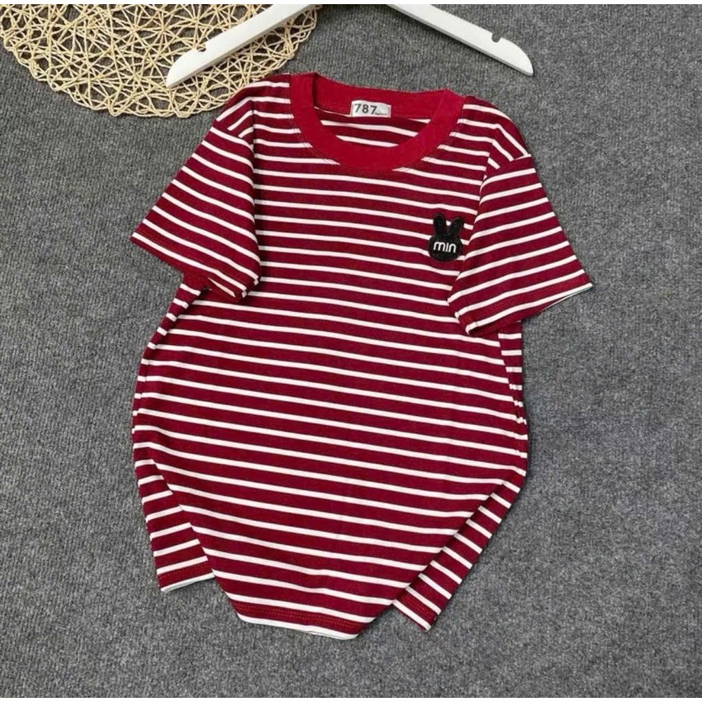 Áo Thun Nữ Cổ Tròn Tay Ngắn Kẻ Sọc Thêu Họa Tiết Thỏ MIN Trước Ngực Chất Cotton Mềm Mịn ESHOP MS285
