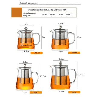 Ấm Thủy Tinh, Bình thủy tinh pha trà có lõi lọc inox 304