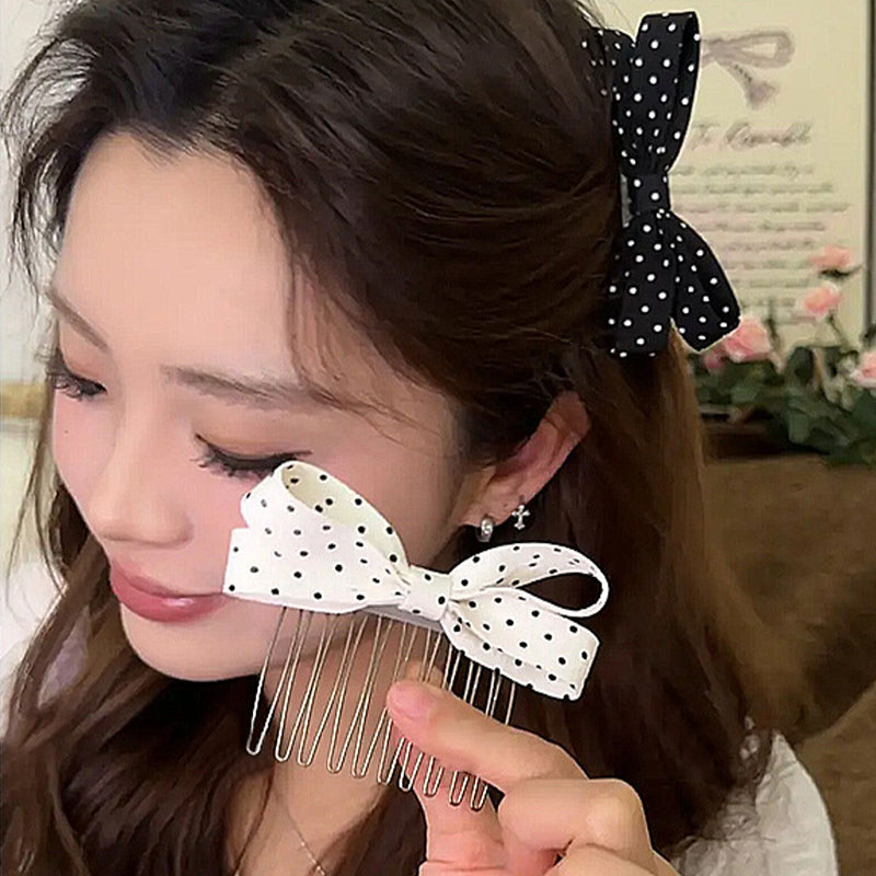 Đen trắng chấm bi kẹp tóc nơ ngược tinh tế cho tóc gãy