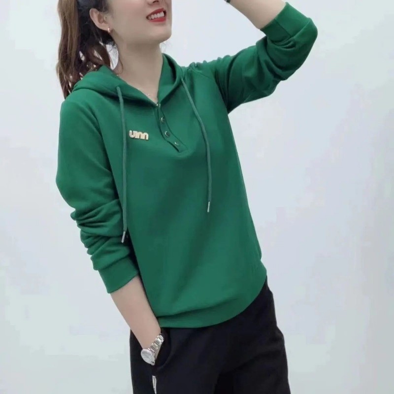 Áo thun nữ dài tay màu trơn dáng rộng mùa thu, có mũ trùm đầu, phù hợp giảm béo