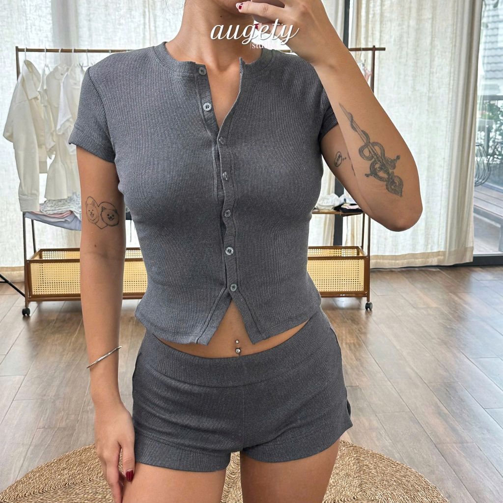 Set Áo Tay Ngắn Cài Nút Và Quần Short Lưng Gập Thun Gân Dày Dặn Co Giãn Augety Studio, BRUNEY Set