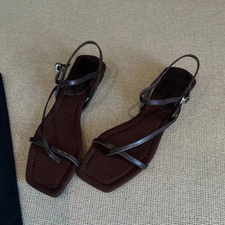 Phiên bản da cừu có sẵn ~ Fairy Simple Square Toe Cross Strap Flat Flip-Toe Sandals Nữ Dép da mùa hè
