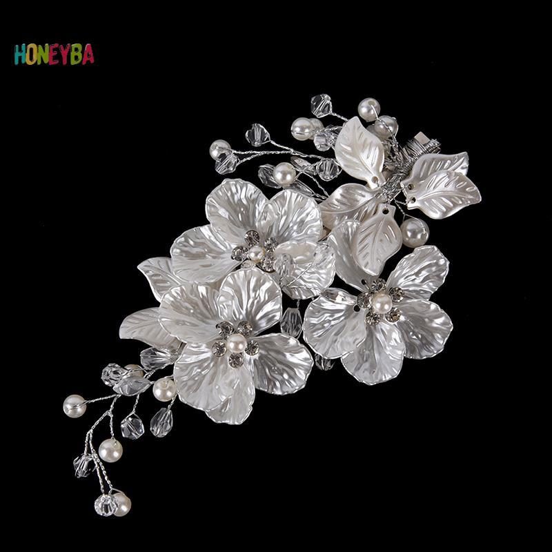 < Honeyba > Cô Dâu Pha Lê Ngọc Trai Hoa Trang Sức Tóc Cưới Phụ Kiện Tóc Sang Trọng