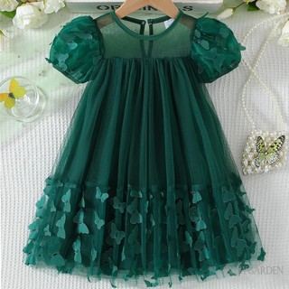 3-10 tuổi Kid Girl Tulle Dress 3D Bướm Tay Ngắn Cổ Vuông Lưới Chữ A Đầm Cho Mùa Xuân Hè