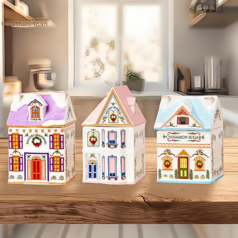 TRTR Holiday Village Spice House Set, Giáng sinh Gingerbread House Lọ, Trang trí lễ hội Mặt bàn bếp Nến Giáng sinh VN