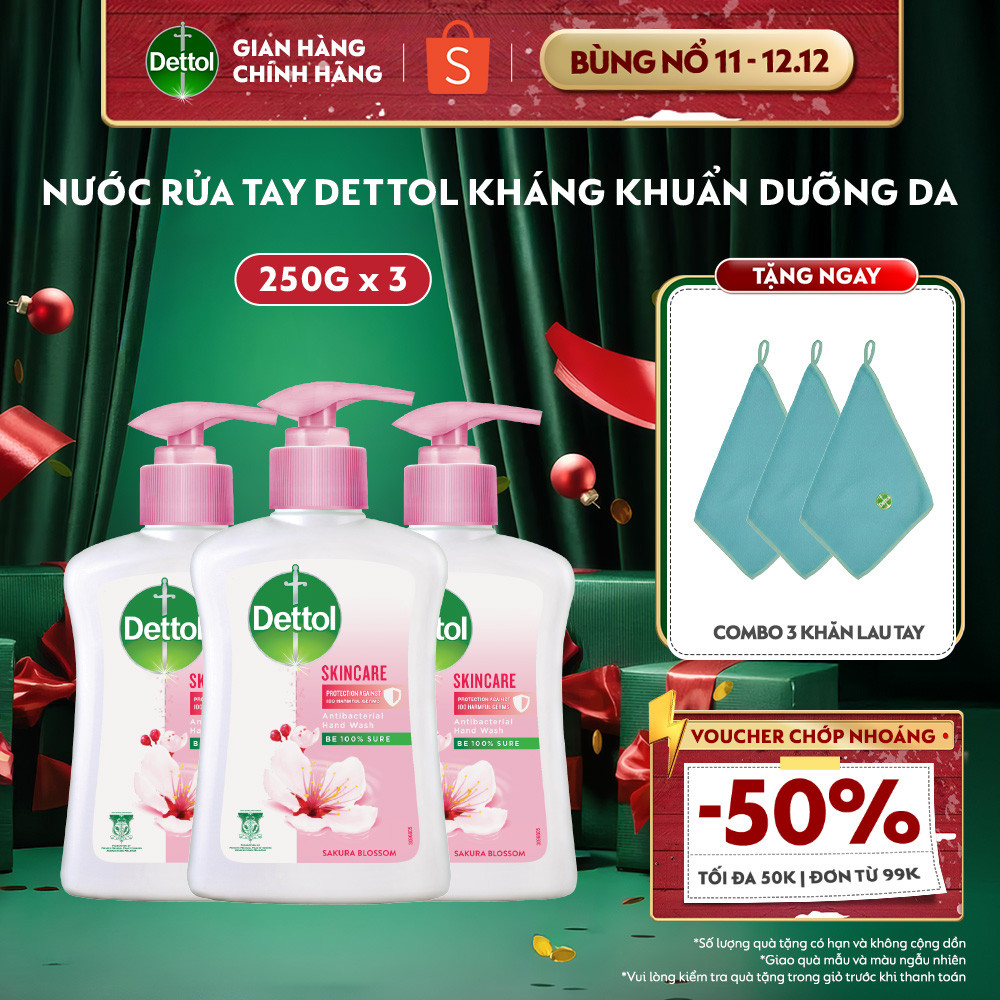 Combo 3 nước rửa tay Dettol kháng khuẩn dưỡng da, hương hoa anh đào - Chai 250g