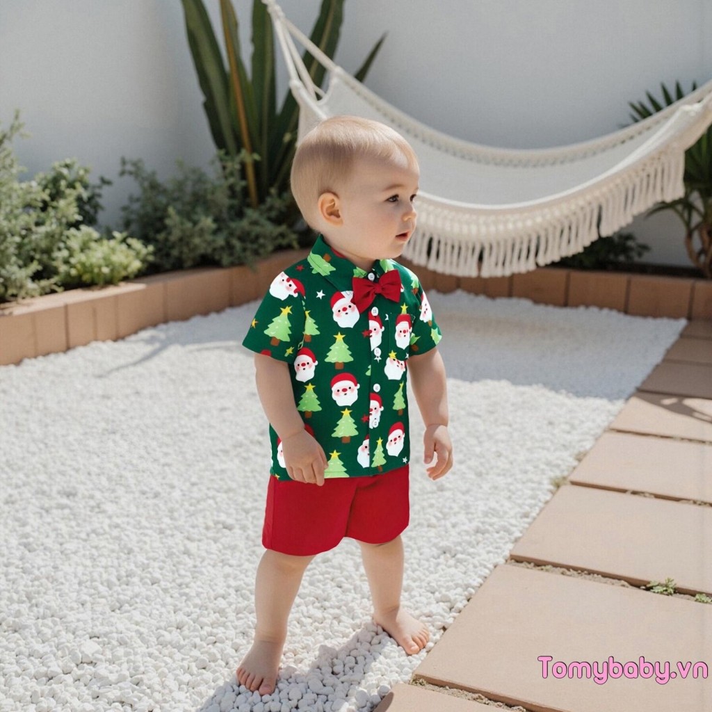 Bộ trang phục Giáng sinh cho bé trai mới biết đi Áo sơ mi nơ ngắn tay in hình ông già Noel + Quần Short màu trơn Bộ 2 món quý ông