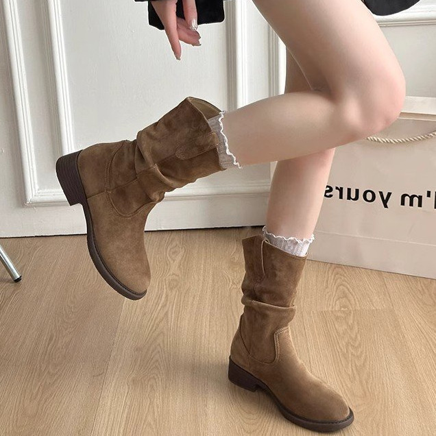 Mùa Thu Đông Retro Da Lộn Tròn Tay Ống Cao Thời Trang Giày Bốt Thời Trang Thường Ngày Ngoài Trời Chống Trơn Trượt Chống Mài Mòn Giữa Ống Giày Nhà Máy