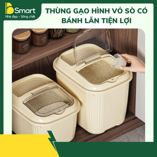 Thùng Đựng Gạo Hình Vỏ Sò Dung Tích 5 10kg Chất Liệu Nhựa Cao Cấp, Chống Côn Trùng, Có Bánh Xe