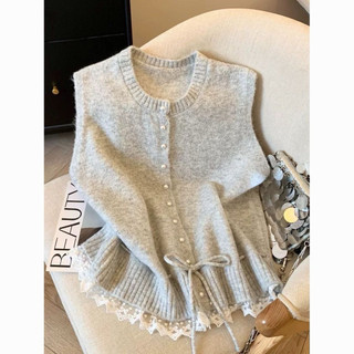 (PRE ODER) Áo len gile phối ren cổ điển form xinh vintage Hàn Quốc hai màu trắng và xám
