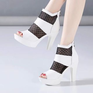 GIÀY BỐT HỞ MŨI PHỐI LƯỚI DA XỊN 10CM TTYY 11