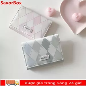 Túi đựng thẻ SAVORBOX, Ví đựng thẻ đa chức năng họa tiết ca rô, Ví nhỏ đơn giản PU màu xanh phong cách Hàn Quốc dành cho nữ