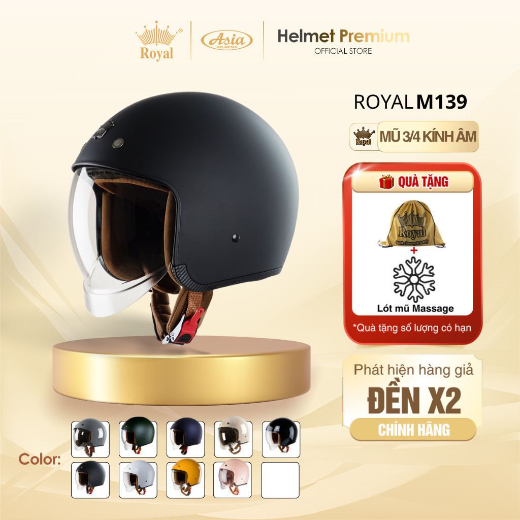 Mũ Bảo Hiểm 3/4 Royal M139 Kính Âm, Nón Bảo Hiểm Chống Nắng Cho Nam Nữ -