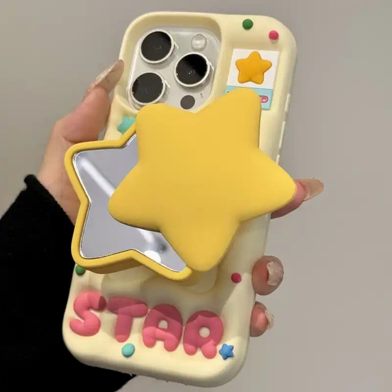 Ốp Điện Thoại Ngôi Sao Ba Chiều Giá Đỡ Gương Trang Điểm Thích Hợp Cho iPhone17ProMax Ốp Điện Thoại Thích Hợp Cho iPhone16pro Silicone 15 Nữ 14 Chống Sốc 13
