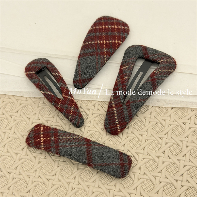 Vintage Bangs Clip Rượu Đỏ Kẻ Sọc Vải Kẹp Tóc