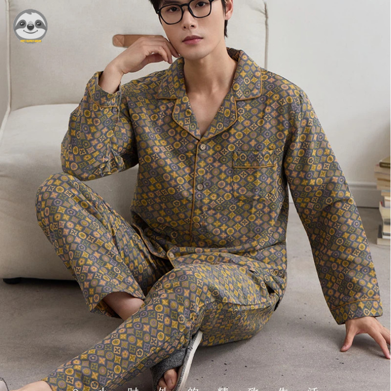 Bộ đồ ngủ nam retrojacquard từ cotton nguyên chất sợi đôi, phong cách Nhật Bản, thiết kế linh hoạt để mặc cả bộ hoặc rời