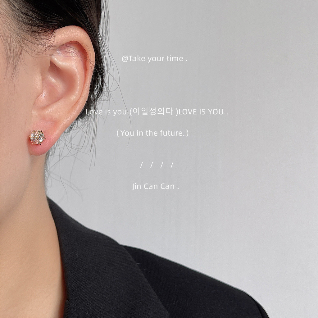 Bạc 925 Mạ Kim 14K Ba Chiều Nhiều Mặt Hình Học Vuông Zircon Bông Tai Đơn Giản Bông Tai Bông Tai