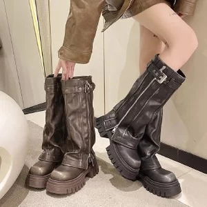 Phong Cách Hàn Quốc Phong Cách Mới Thời Trang Chui Chân Công Nghiệp Nặng Dây Kéo Quần Dài Giày Bốt Đế Dày Xuyên Biên Giới