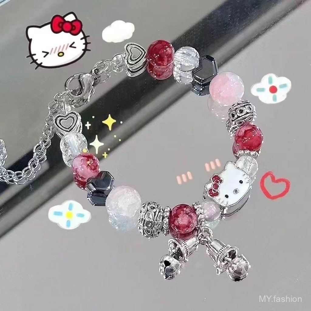 Vòng tay đính cườm hình trái tim màu hồng với chuông mèo, phong cách thời trang Dopamine