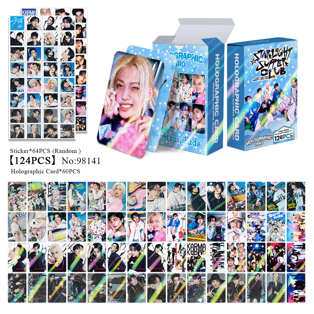 124 chiếc STRAY KIDS 2026 Lời chào mùa giải Starlight Supper Club Laser Hologram Lomo Cards dominATE celebrATE Photocards BANG CHAN HAN Bưu thiếp ba chiều YM