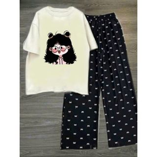 sét Bộ quần hoạ tiết nơ + kết hợp áo phông tay lỡ unisex form dễ thương -thuba94