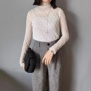 Áo cao cổ YUUKII ren thanh lịch, họa tiết lưới, vải lưới thoáng khí