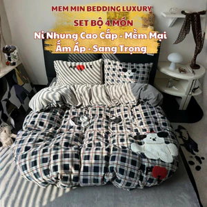 Bộ vỏ chăn ga gối nỉ nhung cao cấp Memminbedding Luxury họa tiết dễ thương không xù lông, giữ nhiệt tốt