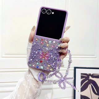 Vỏ bướm kim cương lấp lánh đầy màu sắc Samsung Galaxy Z Flip 7 Z Flip 6 7FE Flip 5 Flip 4 / 3 Kết cấu kim cương giả Vòng tay Chuỗi vỏ cứng chống sốc