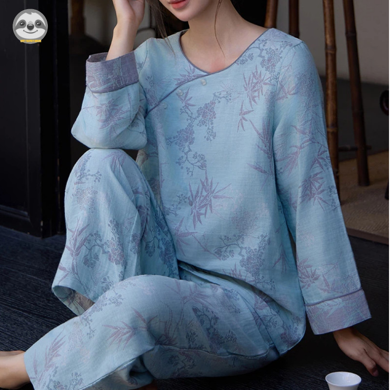 Bộ đồ ngủ Cotton nguyên chất lá tre phong cách Trung Hoa dành cho nữ / Bộ đồ ngủ cổ tròn tay ba phần tư / Quần dài đến mắt cá chân phong cách cổ xưa có thể đi chơi Loungewear / Da tự nhiên @