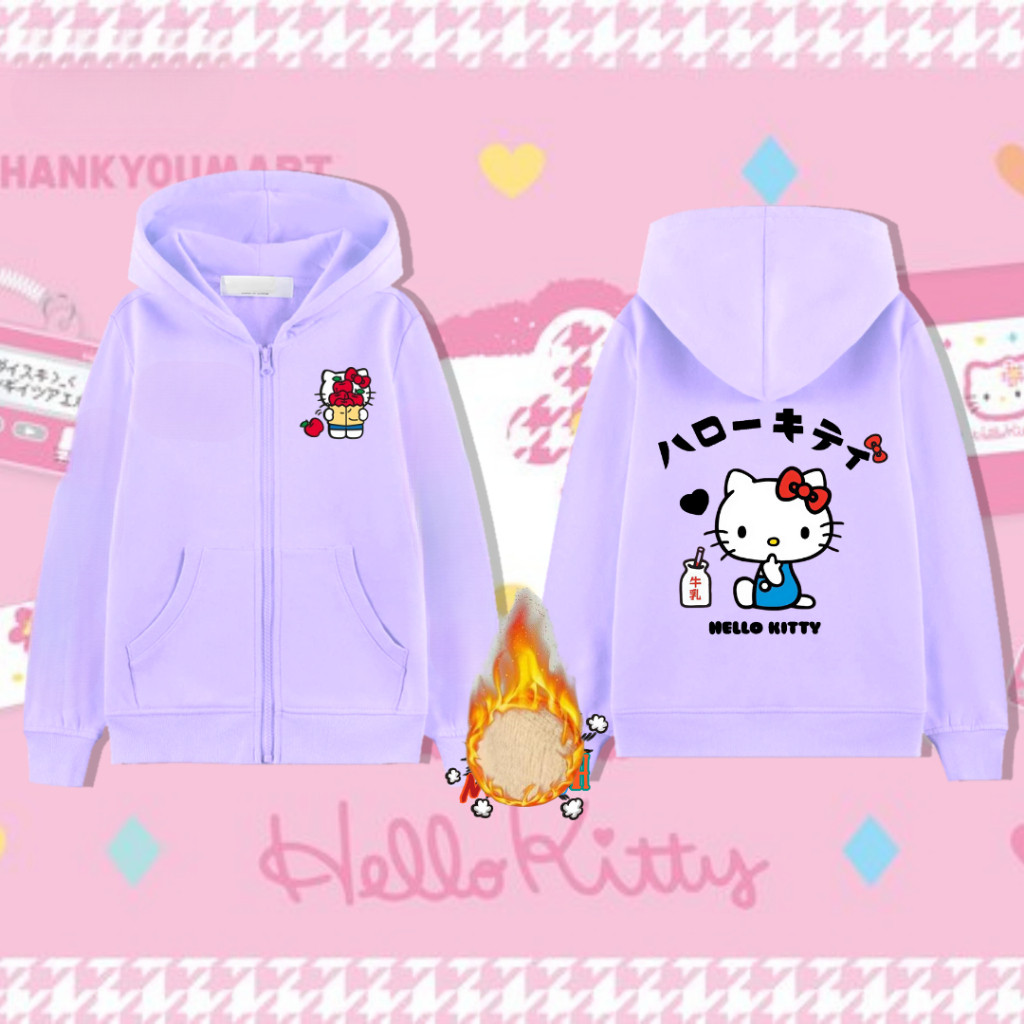 Áo khoác có khóa kéo trẻ em Hello Kitty Áo khoác lót lông cừu ấm cúng cho bé gái mặc mùa đông