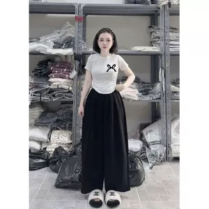 Bộ quần ống rộng da cá xám trơn + kết hợp áo thun croptop đơn giản, phong cách -quanao94