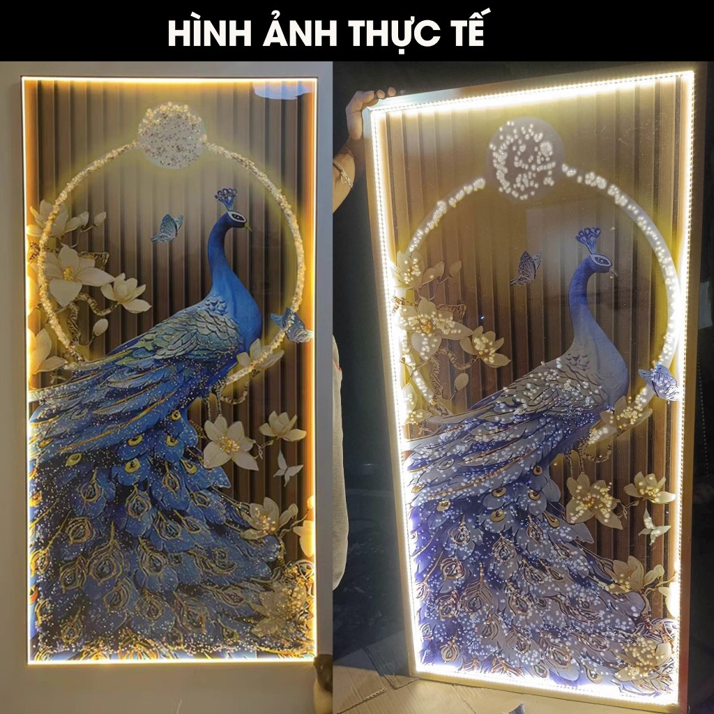 Tranh Đính Đá Pha Lê Đèn LED chim công, Cao Cấp Treo Tường, Decor Phòng Khách - Top Decor
