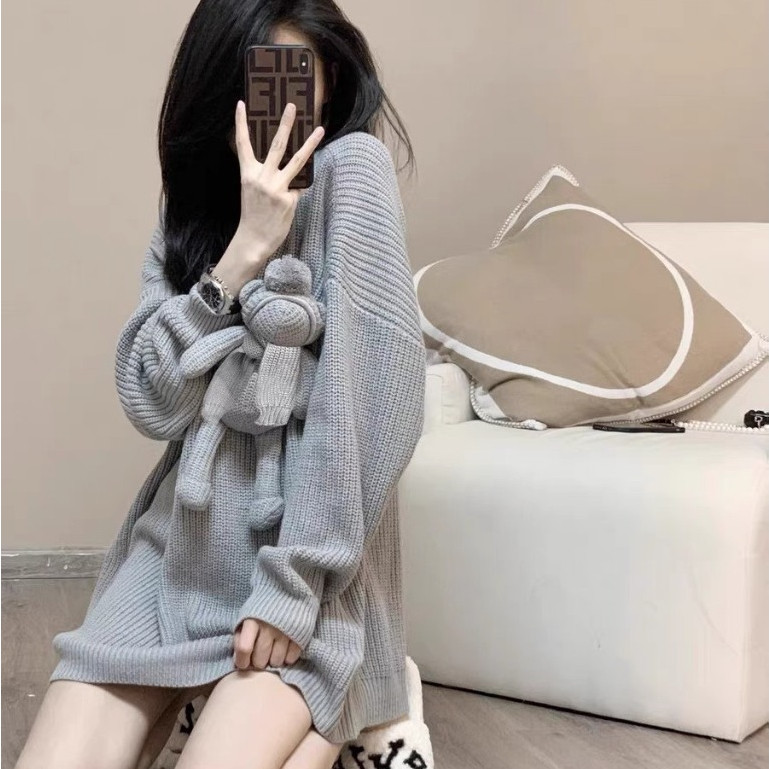 Áo Len Xám Mix Gấu Đan KCloét Áo Sweter Dày Dặn Nữ Tính NA479