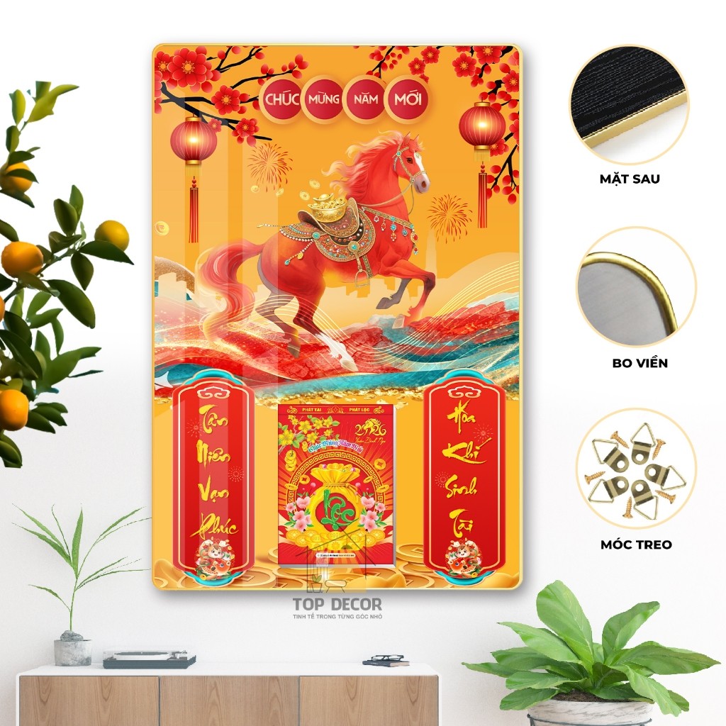 Tranh Tráng Gương Kèm Đốc Lịch - Lịch tết 2026 Decor Phòng khách - Top Decor