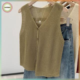 SAFENH Mùa Hè Hàn Quốc Cotton Và Vải Lanh Thời Trang Màu Trơn Rời Cổ Chữ V Vest Dành Cho Nữ VN