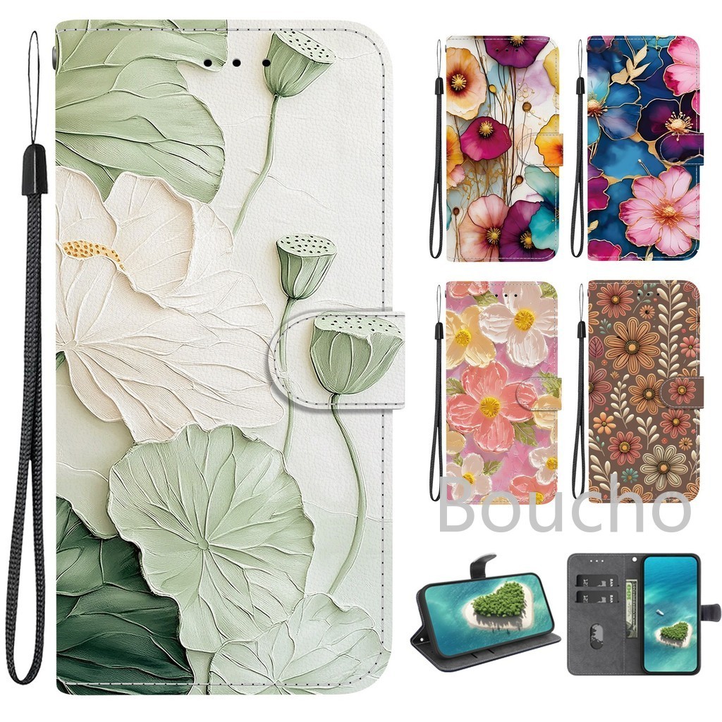 Dành Cho OPPO Reno 14F 14 13F 13 12F 12 11F 11 10 8T 8Z 7Z 7 6 5 Pro 4G 5G Ví Hoa Sen Lật Da Từ Tính Vỏ Điện Thoại Có Khe Cắm Thẻ