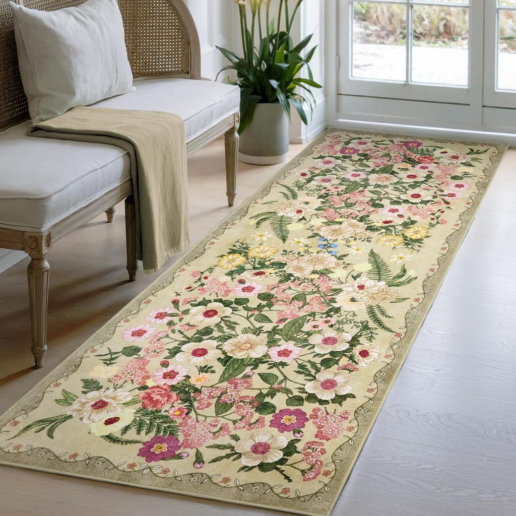 [Hàng sẵn] Thảm hành lang hoạ tiết hoa phong cách Pháp – 2 loại đế: nhung nước đế chấm chống trượt / giả lông cừu đế giặt nước, dùng cho sảnh, lối đi, cạnh giường
