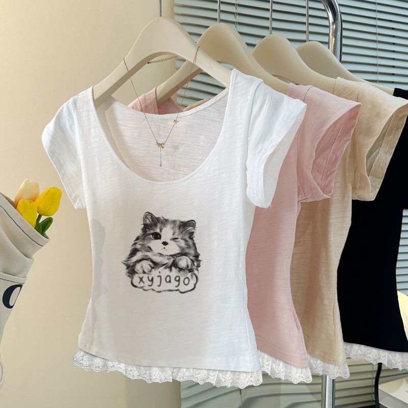 Milyfashion Áo Thun Mỏng Cotton Slub Ren Khâu, Họa Tiết Con MèoSlim-Fit Style C630