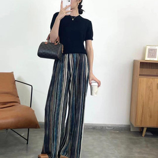 Miyake Quần Áo Nữ Đi Làm Phong Cách Sọc Bohemian và Băng Lụa Xếp Ly Ống Rộng Cho Hàng Ngày