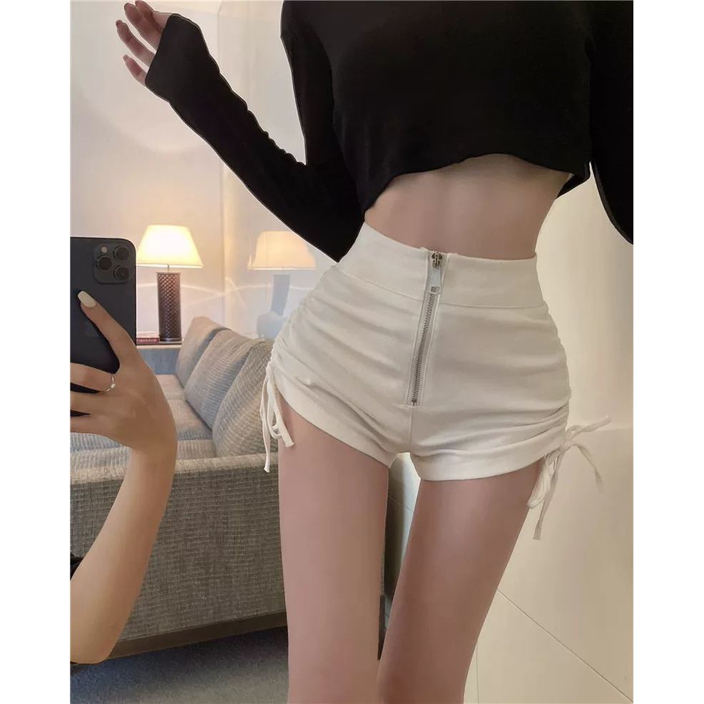 Milyfashion Size Lớn Dây Kéo Quần Short Eo Cao Mặc Ngoài Ôm Hơn Nhìn Chữ A Ống Rộng Màu Đen Thường Ngày Nóng Quần