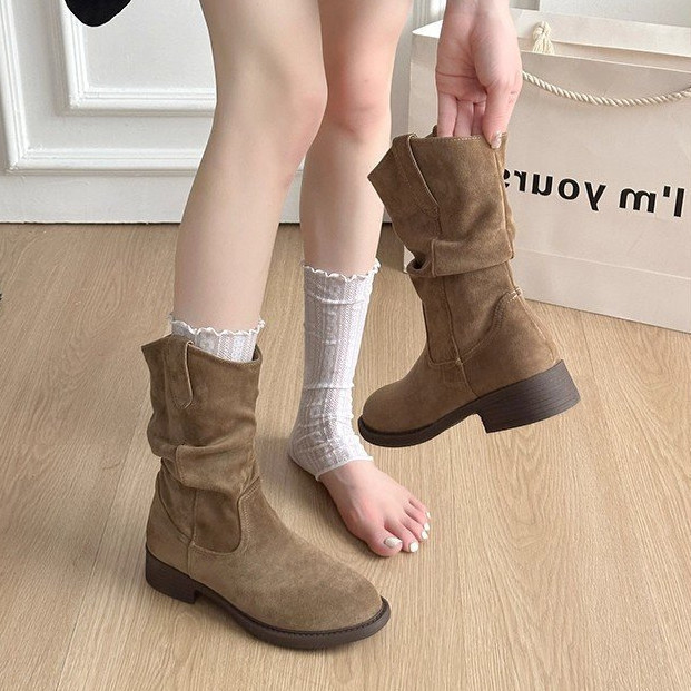 Mùa Thu Đông Retro Da Lộn Tròn Tay Ống Cao Thời Trang Giày Bốt Thời Trang Thường Ngày Ngoài Trời Chống Trơn Trượt Chống Mài Mòn Giữa Ống Giày Nhà Máy
