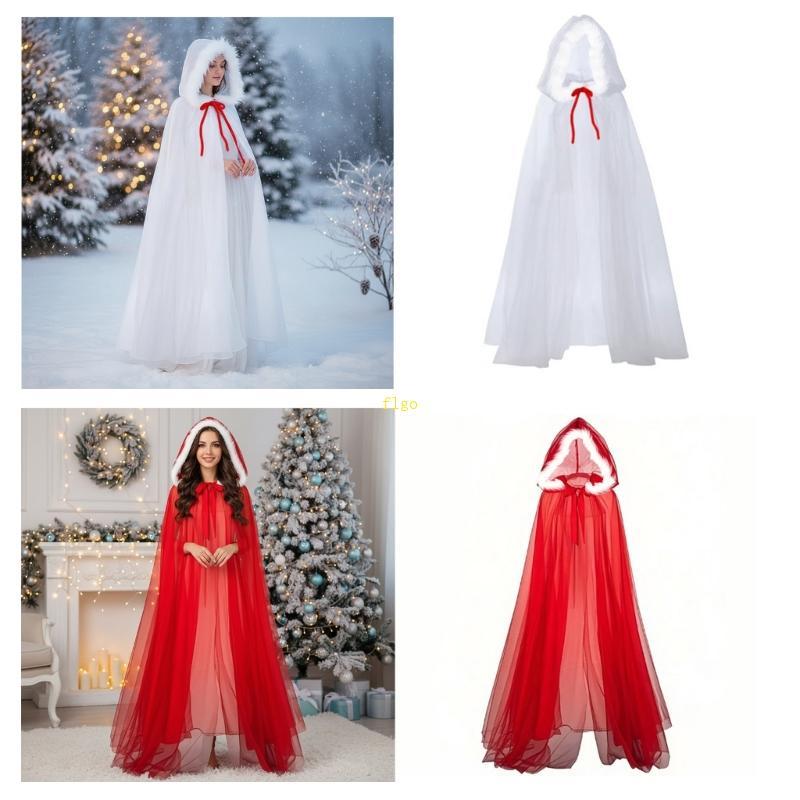 Flgo Trang Phục Giáng Sinh Bà Santa Cape Áo Khoác Lông Trắng Có Mũ Trùm Đầu Áo Choàng Giáng Sinh Khăn Choàng Phù Thủy Áo Dài Toàn Bộ Áo Khoác G