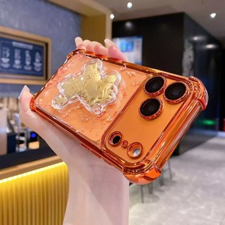 Phim Bảo Vệ Ống Kính 3D Ngựa Vàng Lấp Lánh Mạ Kim Sa Lấp Lánh Vỏ Điện Thoại Màu Cam Cho iPhone 17Promax 12 13 14 15 16 Pro Max Plus 11 Bốn Góc Chống Sốc Nam Nữ Vỏ Di Động