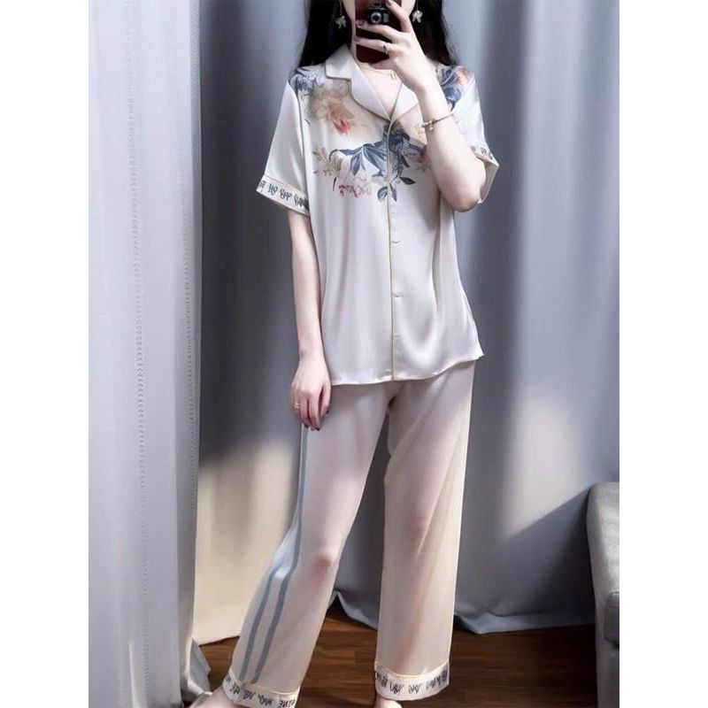 Đồ Bộ Nữ Pijama Bộ Lụa latin Tay ngắn hoa hồng cổ sơ mi XXTTIIÔ