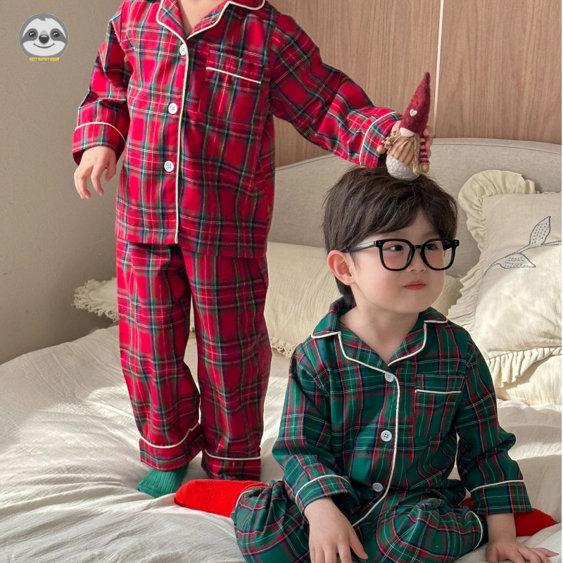 Bộ đồ ngủ bằng vải cotton nguyên chất kẻ sọc chấm bi cho trẻ em / Bộ đồ ngủ kẻ sọc cotton nguyên chất phong cách Giáng sinh cho bé trai / Quần trẻ em Phòng chờ đi chơi dài tay