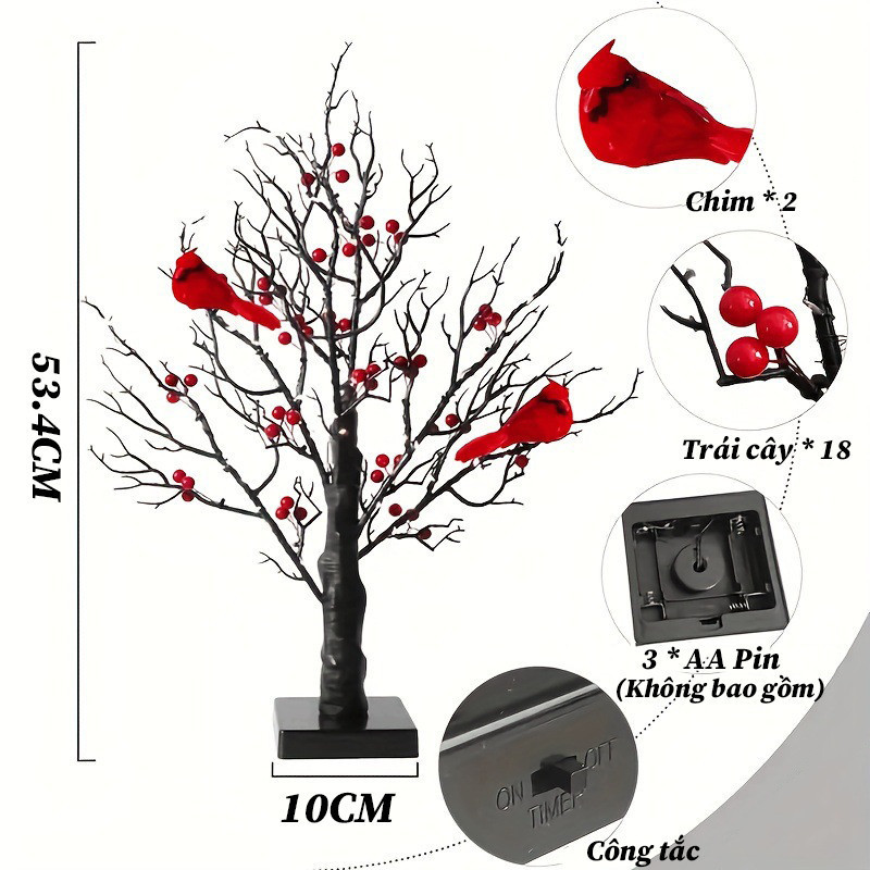 Đèn Trang Trí Để Bàn Hình Cây LED Có Chim Đỏ - Phát Sáng Dịu Nhẹ, Trang Trí Tết & Giáng Sinh Ấm Áp