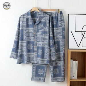 Bộ đồ ngủ gạc hai lớp cotton nguyên chất nhuộm sợi phong cách cổ điển, dành cho nam giới, tiện dụng cả ngày lẫn đêm