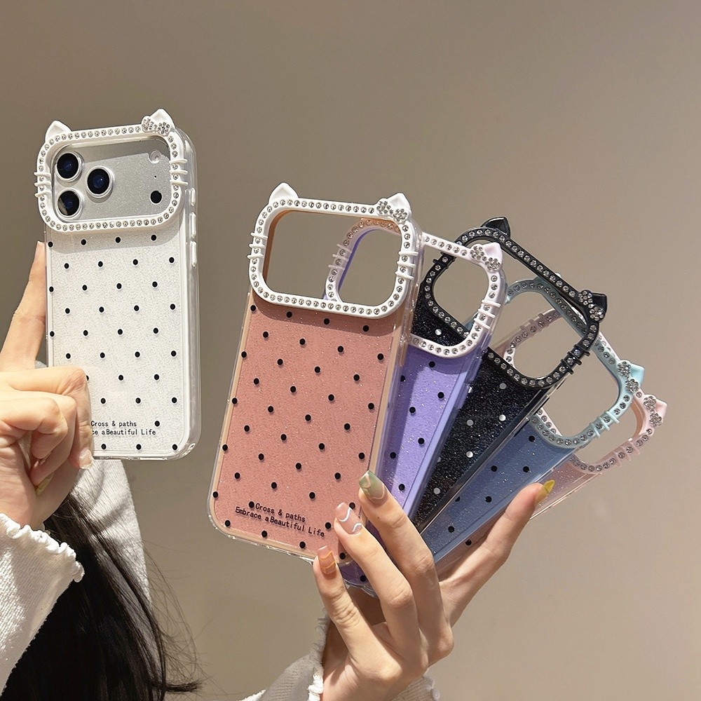 Ốp Điện Thoại Khung Mèo Kim Cương 3 Trong 1 Chấm Acrylic Cho iPhone 17 Pro Max 17 Air 16 Plus 15 14 13 12 11 Vỏ Bảo Vệ Chống Sốc