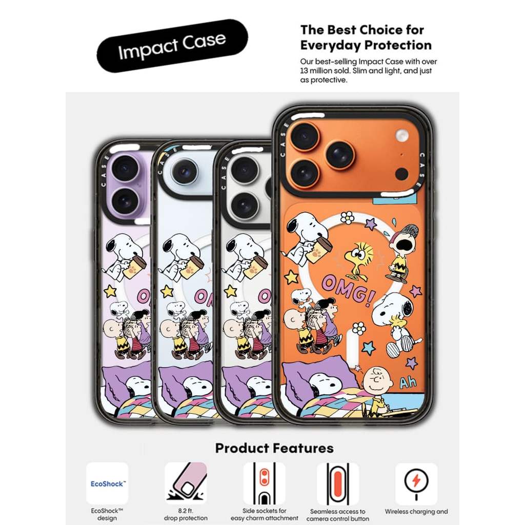 CASECASE X OMG Gia đình Snoopy Black Edge Clear Hard Từ Hút Tác Động Dành Cho Apple IPhone 12 13 14 15 16 17 Pro Max Air Plus Có Hộp